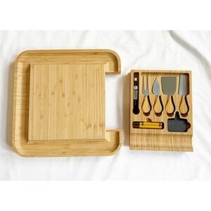 Bambusi Bamboo Cheese Board & Cutlery Set w/ Slide Out Drawer Six piece set